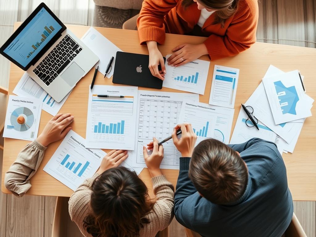 An overhead view of a table covered with financial planning