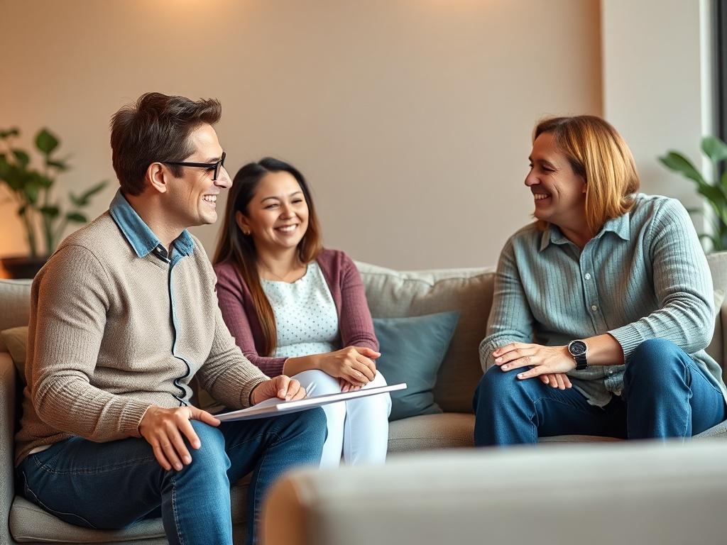 A warm, inviting workspace with a comfortable seating area, showcasing