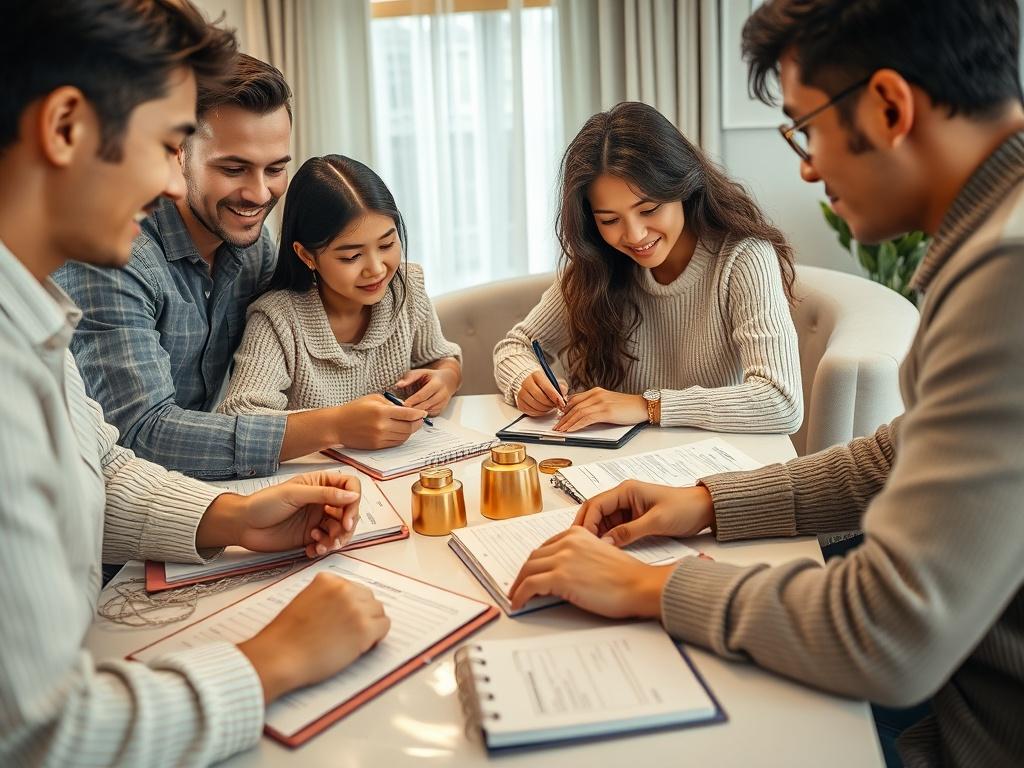 A close-up of a family gathered around a table, actively discussing financial strategies with notebooks and a laptop open. The scene captures a moment of collaboration and empowerment, with soft gold and sage green elements enhancing the modern, luxurious feel.