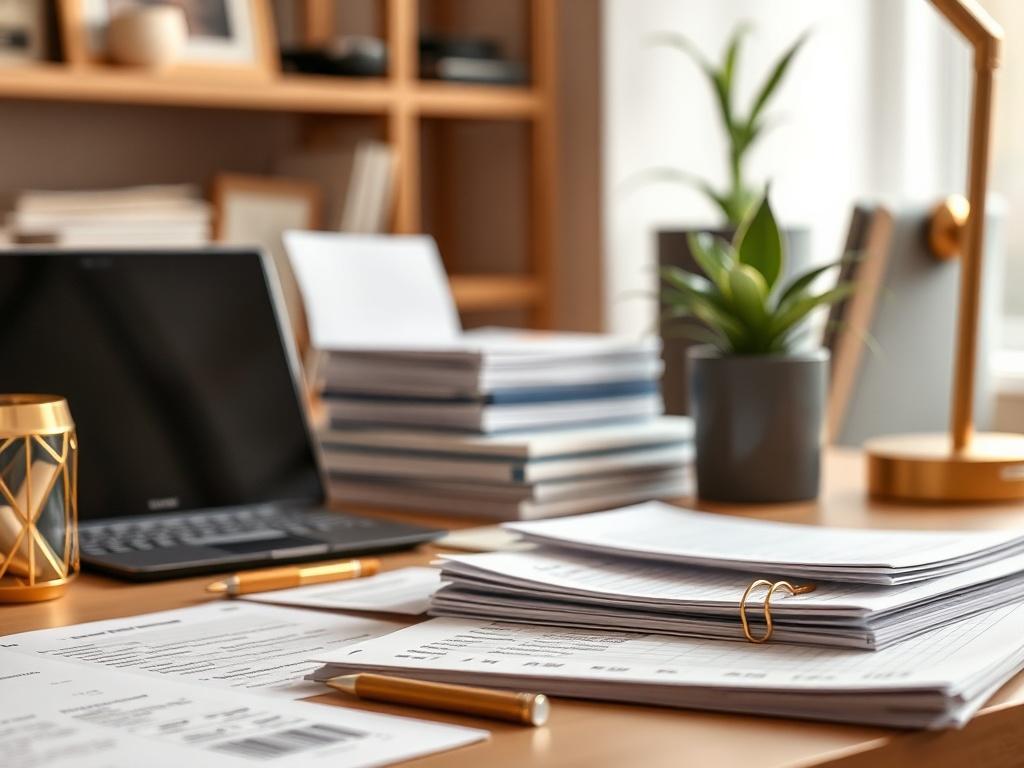A warm, inviting workspace featuring a well-organized desk with financial documents neatly arranged. Soft gold accents highlight the modern decor, while a hint of sage green in a plant adds a touch of freshness. The background is blurred to keep focus on the desk, creating an atmosphere of clarity and organization.