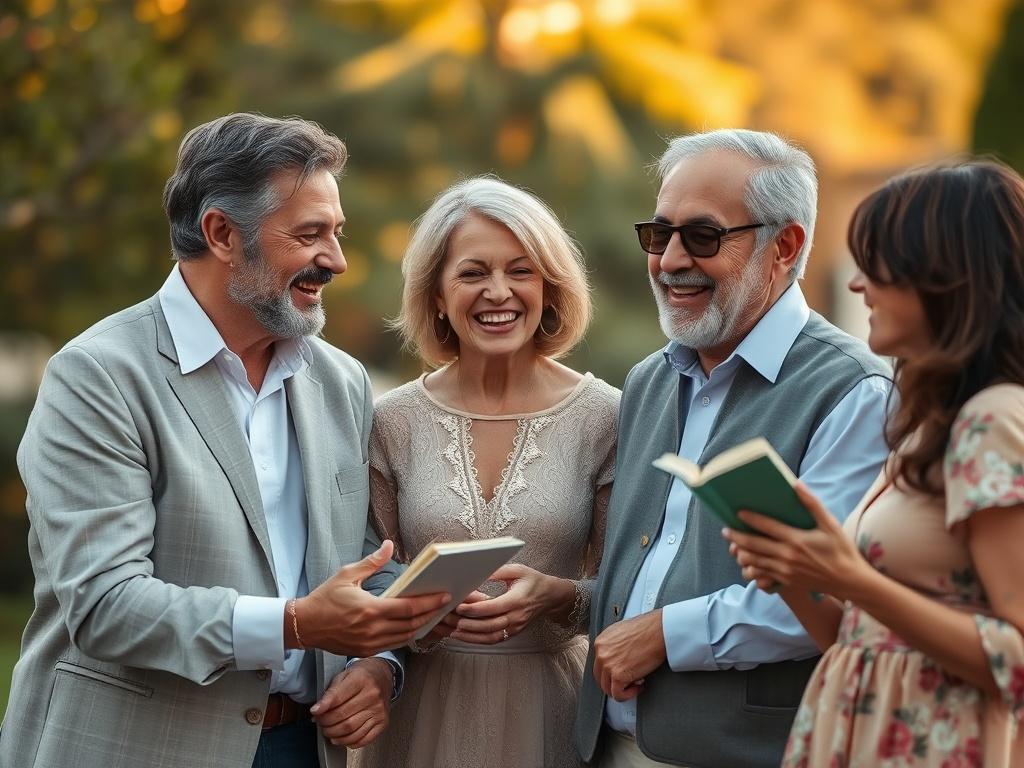An elegant family gathering outdoors, sharing stories and laughter. The setting features soft lighting and warm colors, creating a sense of connection and continuity. The focus is on the emotional bond shared, symbolizing the importance of legacy beyond material wealth.