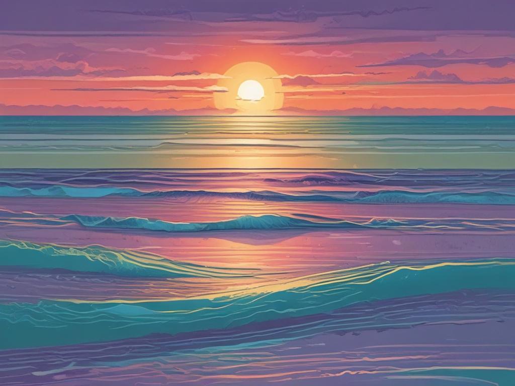 a calm ocean horizon at sunset, with gentle waves reflecting