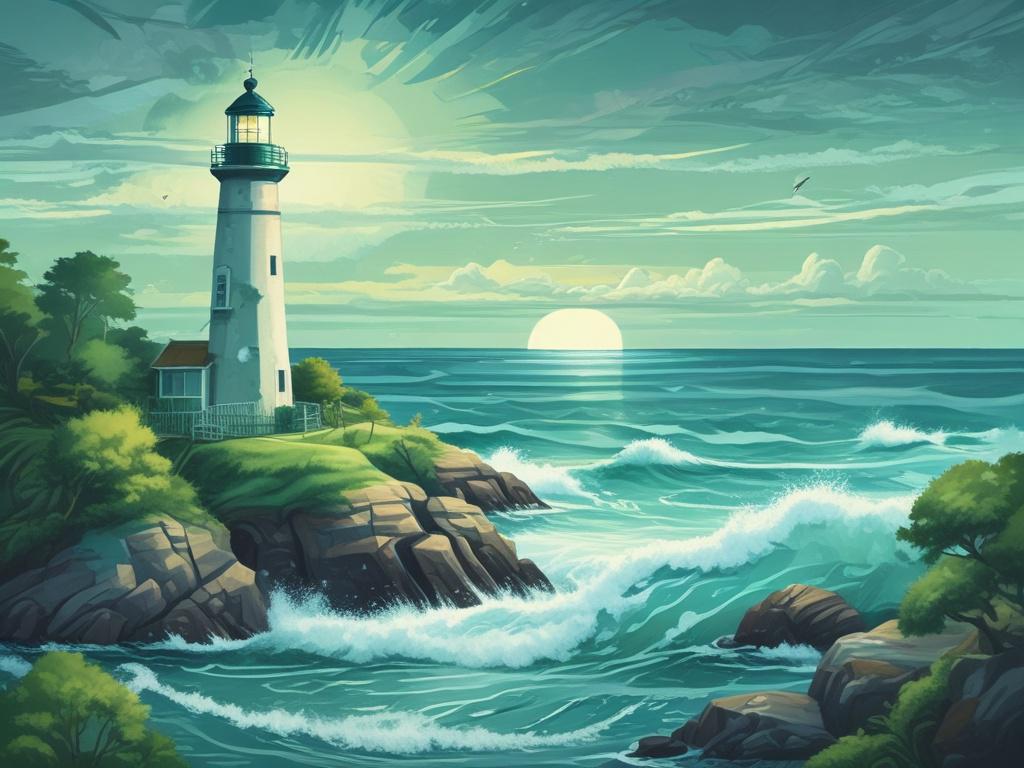 a tranquil ocean scene with a lighthouse guiding ships, painted