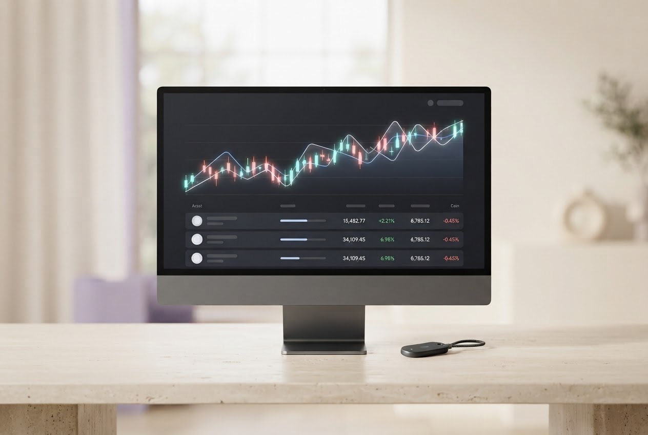 Desktop monitor displaying a generic digital asset portfolio interface beside a hardware security device