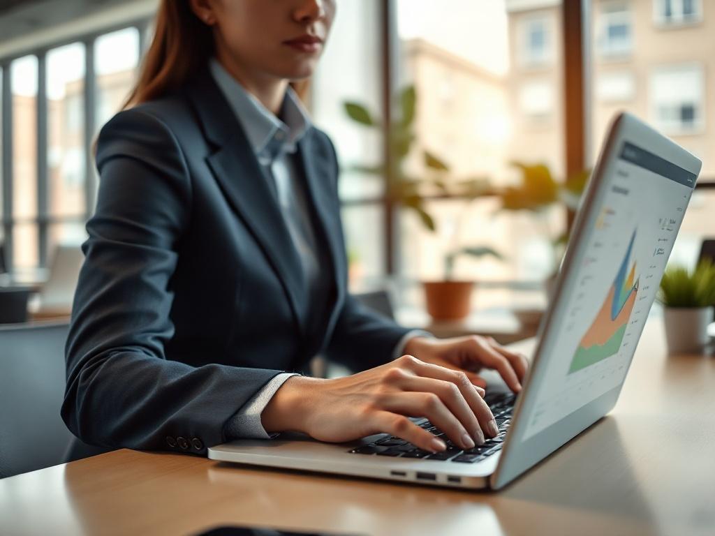 A hyper-realistic close-up shot of a business professional using advanced ERP software on a sleek laptop. The setting is a modern office space with soft natural lighting, showcasing a clean and organized workspace. The focus is on the laptop screen displaying the ERP dashboard, with vibrant colors that highlight key features. The background remains blurred to emphasize the subject.