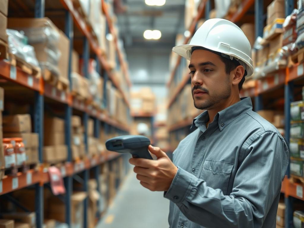 A close-up shot of a warehouse manager using a handheld scanner to check inventory, surrounded by organized shelves filled with products. The environment is well-lit and emphasizes efficiency in warehouse management.