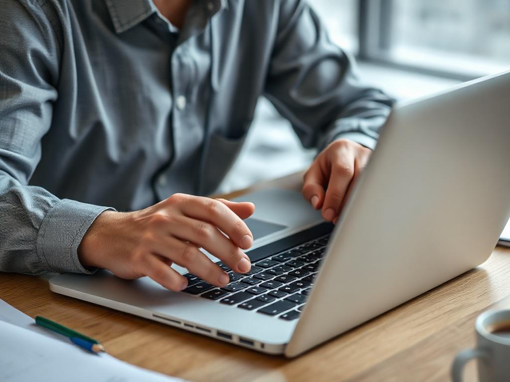 A close-up shot of an HR professional reviewing employee performance metrics on a laptop, with documents and a coffee cup on the desk. The setting conveys a modern and efficient workspace.