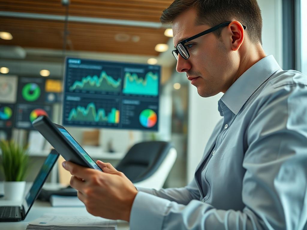A close-up shot of a business professional analyzing financial data on a tablet in a modern office, with graphs and charts displayed in the background. The setting is clean and bright, showcasing a professional atmosphere with a focus on efficiency and productivity.