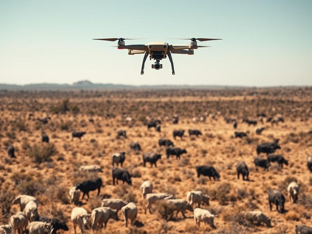 A rugged landscape showcasing a drone flying over a vast