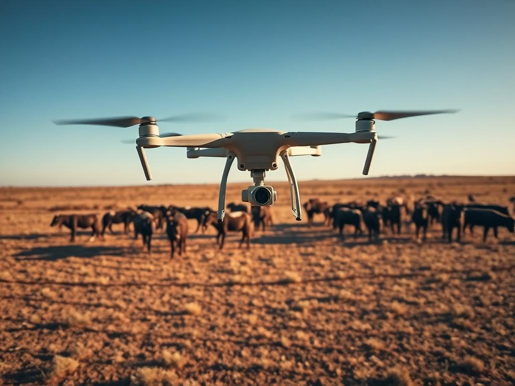 A drone flying over a wide expanse of rural land,