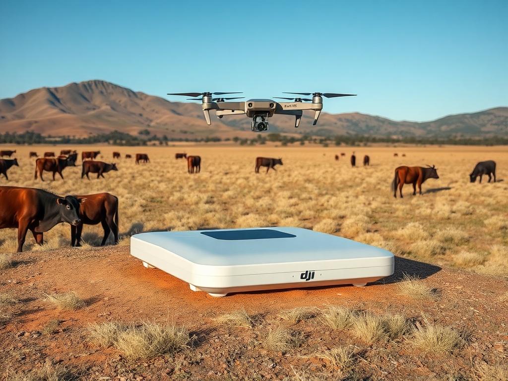 A realistic high-resolution photo of a DJI Dock system in a rural landscape. The dock should be depicted as a modern, sleek structure designed for drone takeoff and landing, surrounded by open fields and grazing cattle. The background should feature a clear blue sky and rolling hills, embodying the essence of rural Australia. The composition should focus solely on the dock system, emphasizing its innovative design against the natural beauty of the outback.