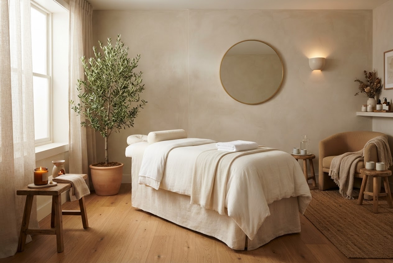 Calm, warmly lit Olivia spa treatment room