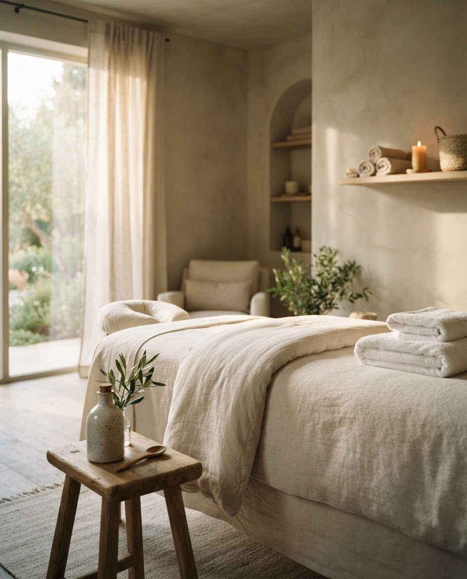 Sunlit massage room with soft linens and olive branches