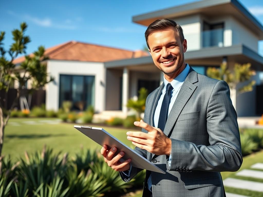 A focused shot of a confident real estate agent standing