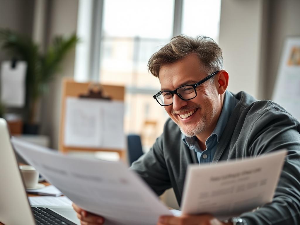 A close up shot of a landlord smiling while reviewing