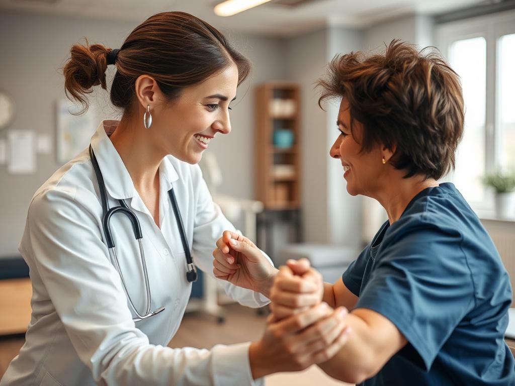 A close up shot of a physical therapist assisting a