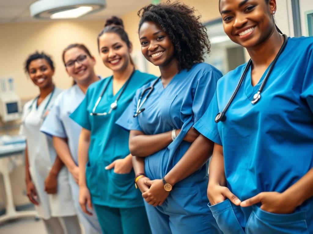 A close up shot of a diverse group of nursing