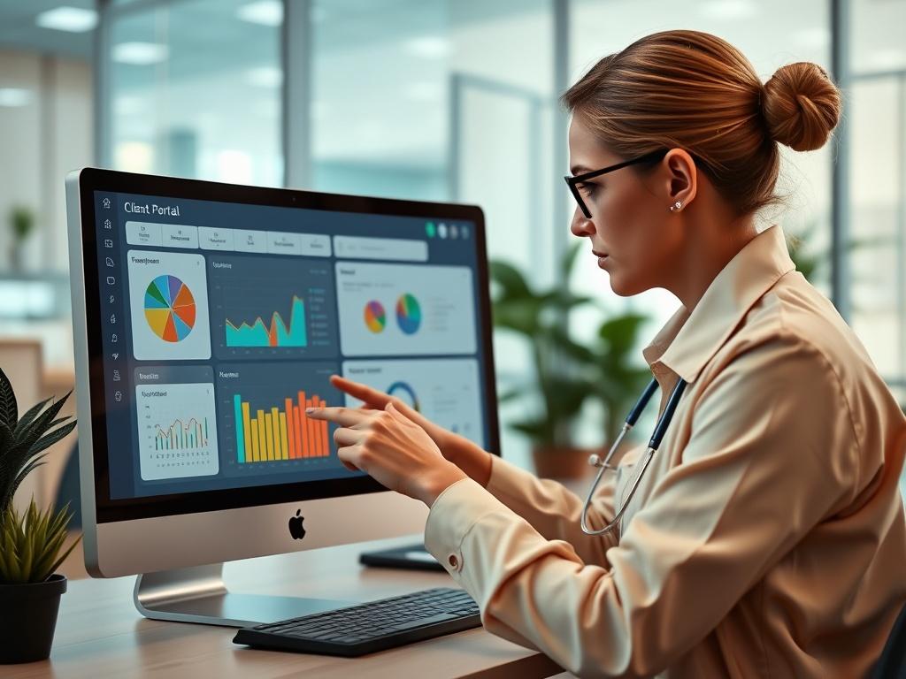 A healthcare administrator engaging with a digital dashboard on a