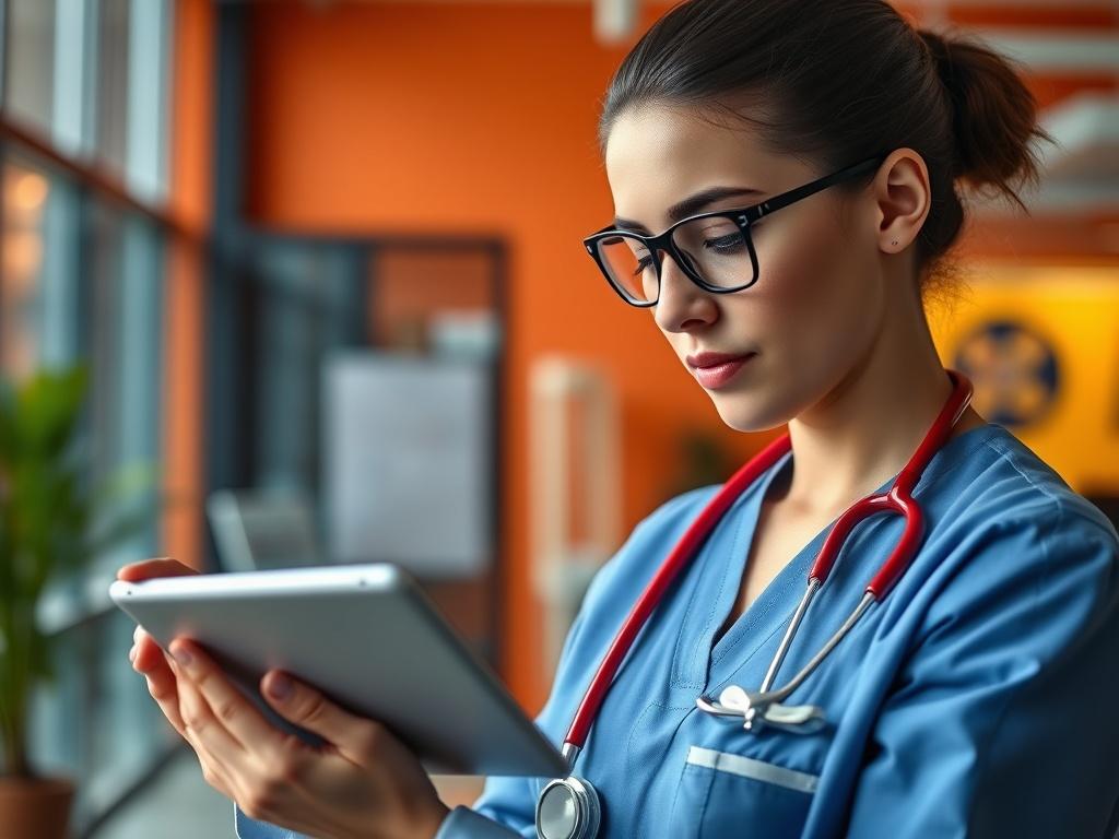 A healthcare professional using a tablet to browse job listings