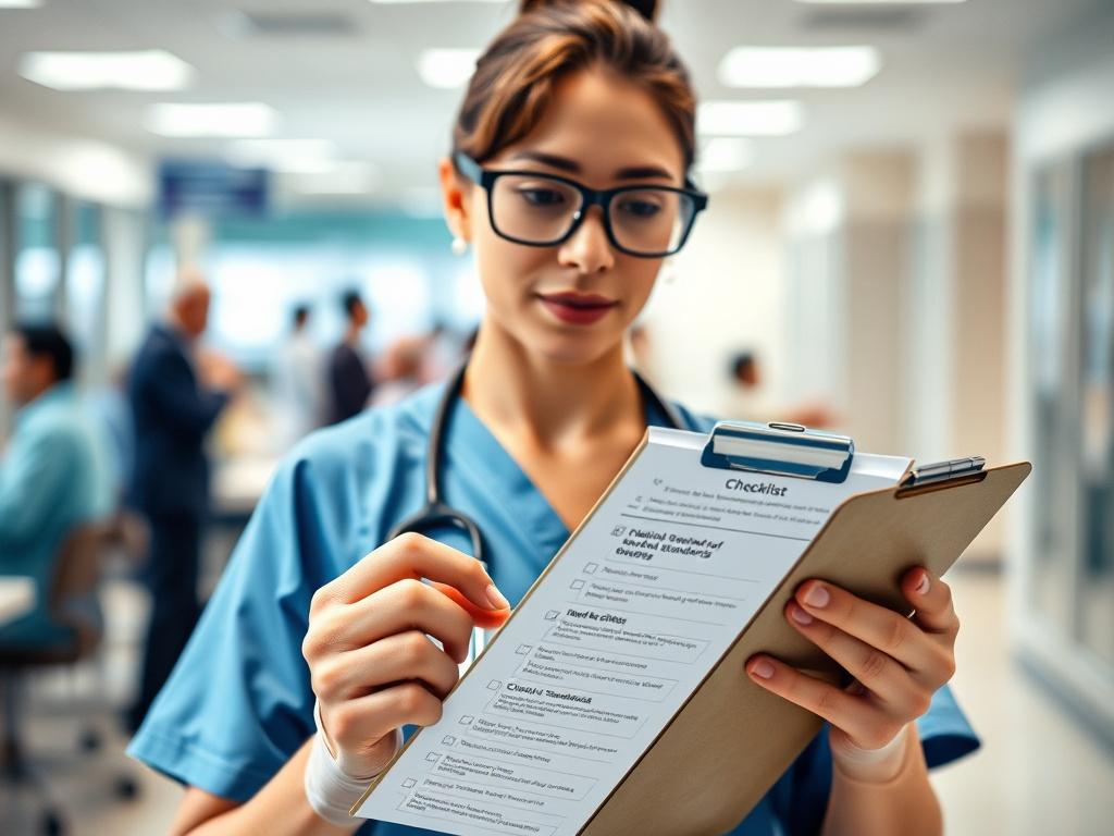 A healthcare professional in scrubs reviewing a checklist of clinical