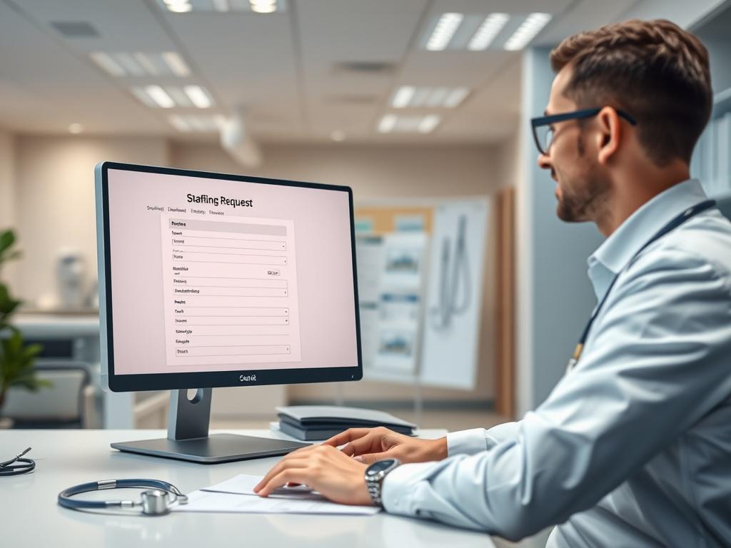 A healthcare administrator sitting at a desk, looking at a