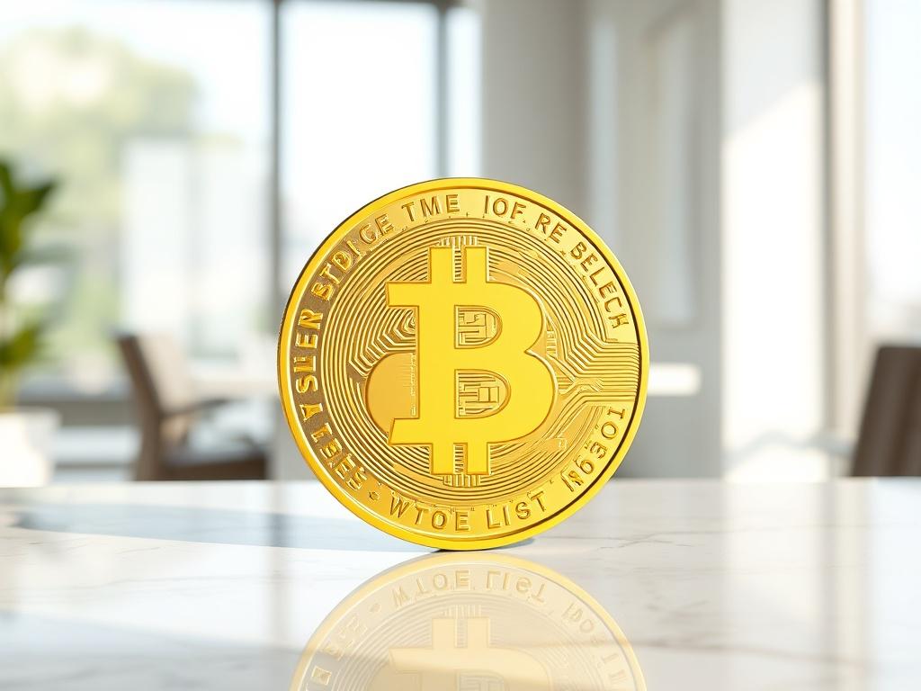 Create a realistic high-resolution image that effectively represents a blog titled "क्रिप्टो मीम कॉइन का महत्व." The composition should be simple and clear, focusing on one central subject: a shiny, gold coin with the symbol of a popular meme cryptocurrency, such as a Shiba Inu or a frog, prominently displayed on its face. The coin should be placed on a clean, white marble surface to enhance its vibrant color and metallic sheen.

In the background, there should be a blurred-out view of a contemporary office