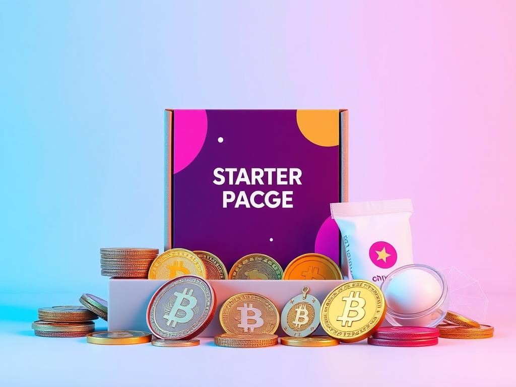 A clean and minimalistic representation of a starter crypto package featuring vibrant colors and essential elements. The background should be simple to keep the focus on the package details, showcasing elements such as coins and tokens in a visually appealing manner.