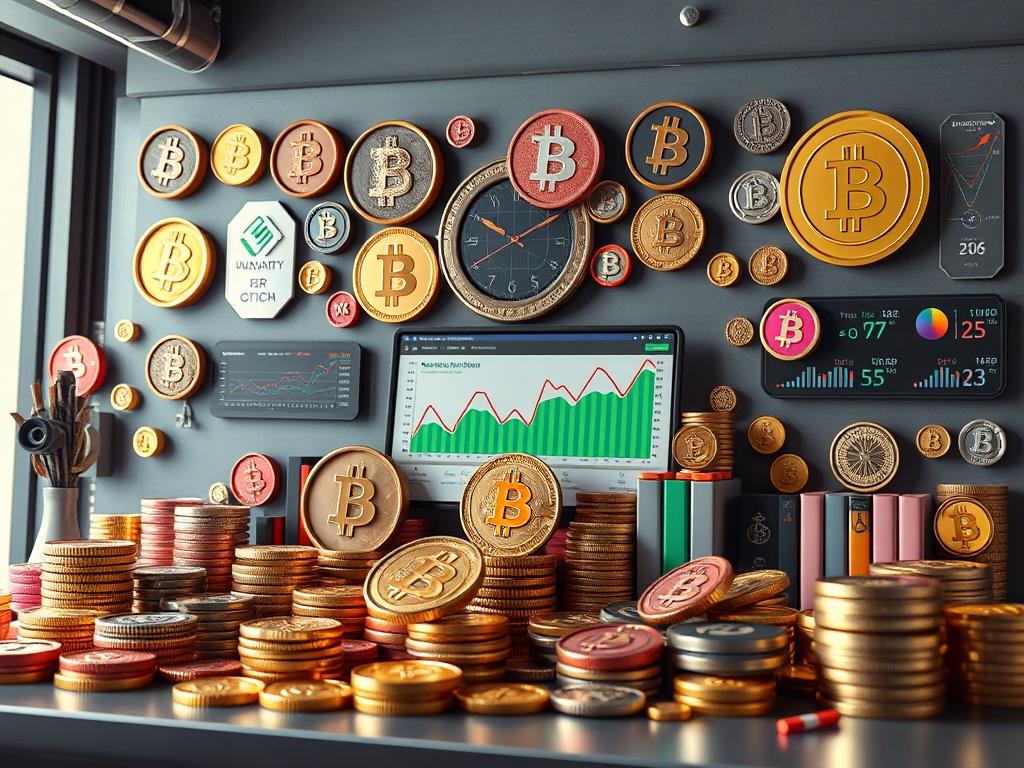 An intricate and detailed representation of an expert crypto package, showcasing unlimited meme coins and tokens. The design should be vibrant and bold, with a focus on analytics and customized services, set in a minimalistic environment.