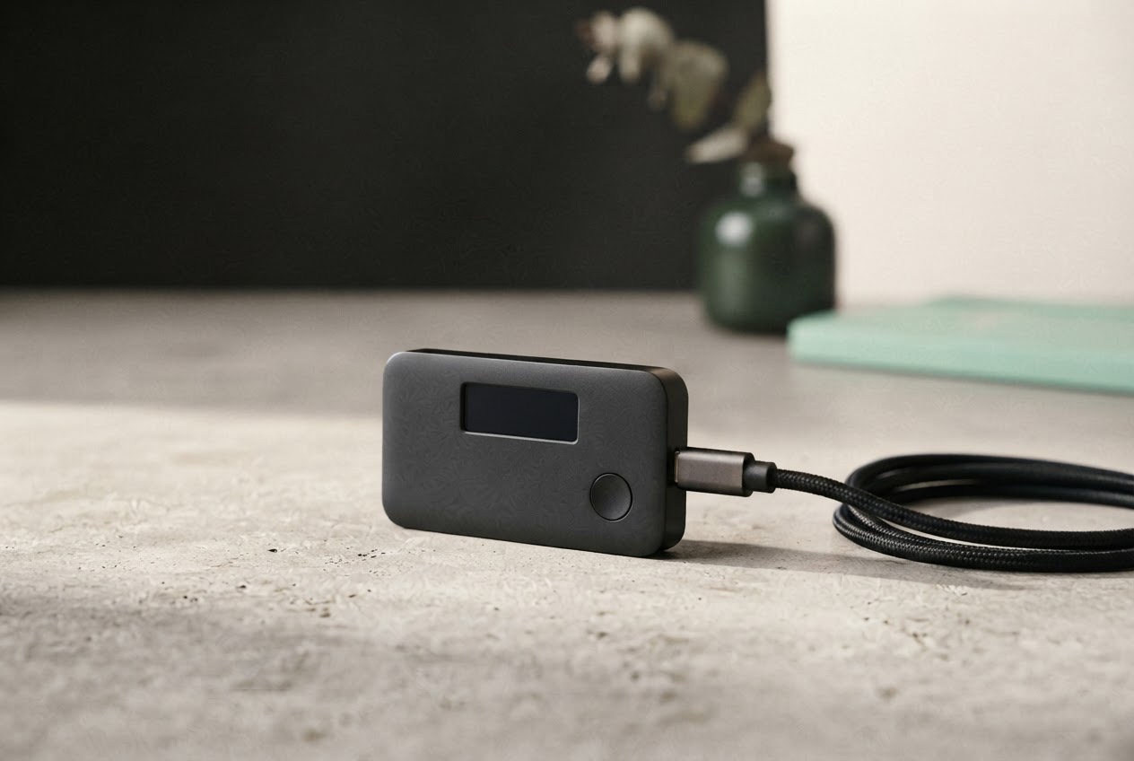 A compact charcoal hardware security wallet and USB cable on a softly lit desk