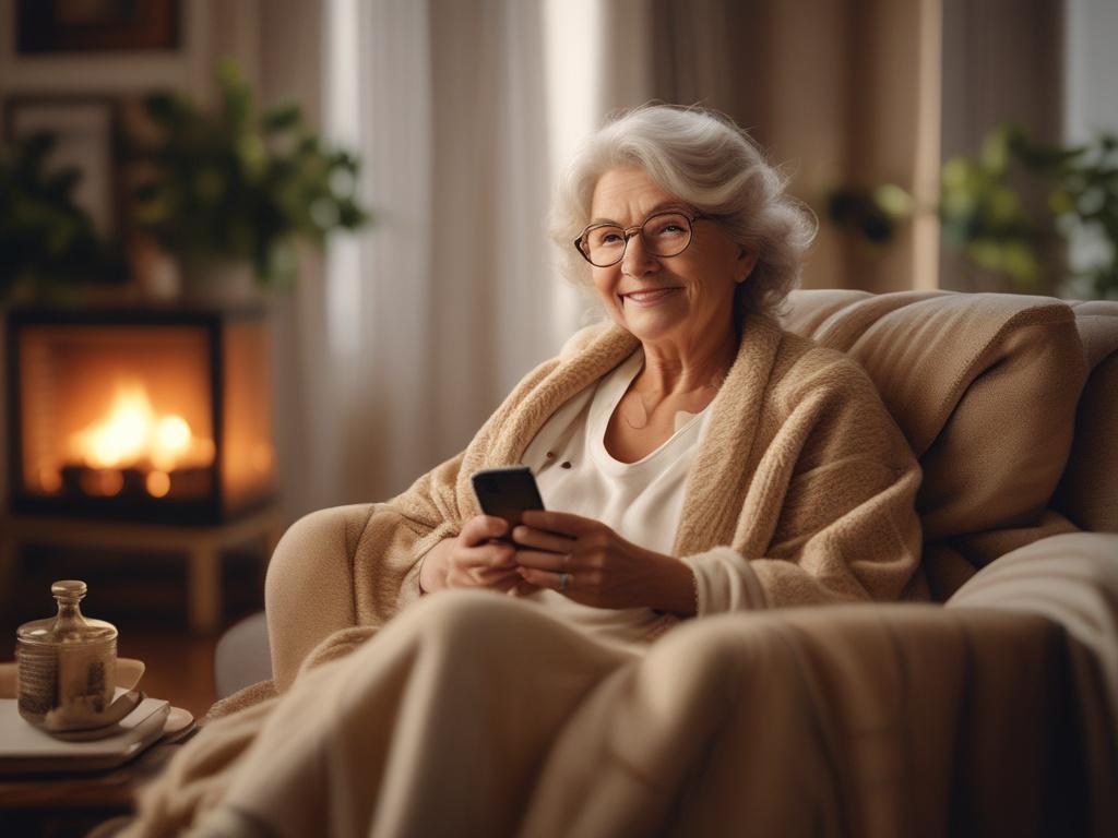 A warm, inviting scene featuring an older adult woman smiling