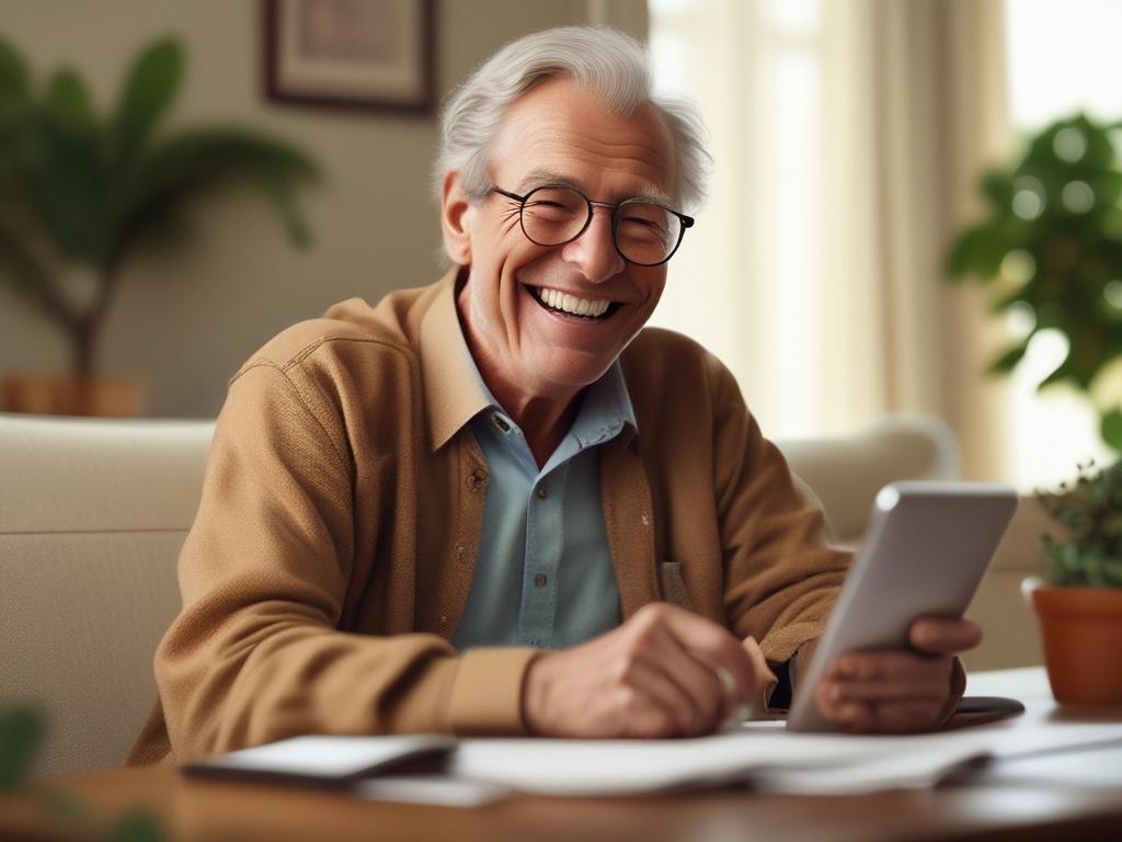 A joyful older adult man laughing while participating in a