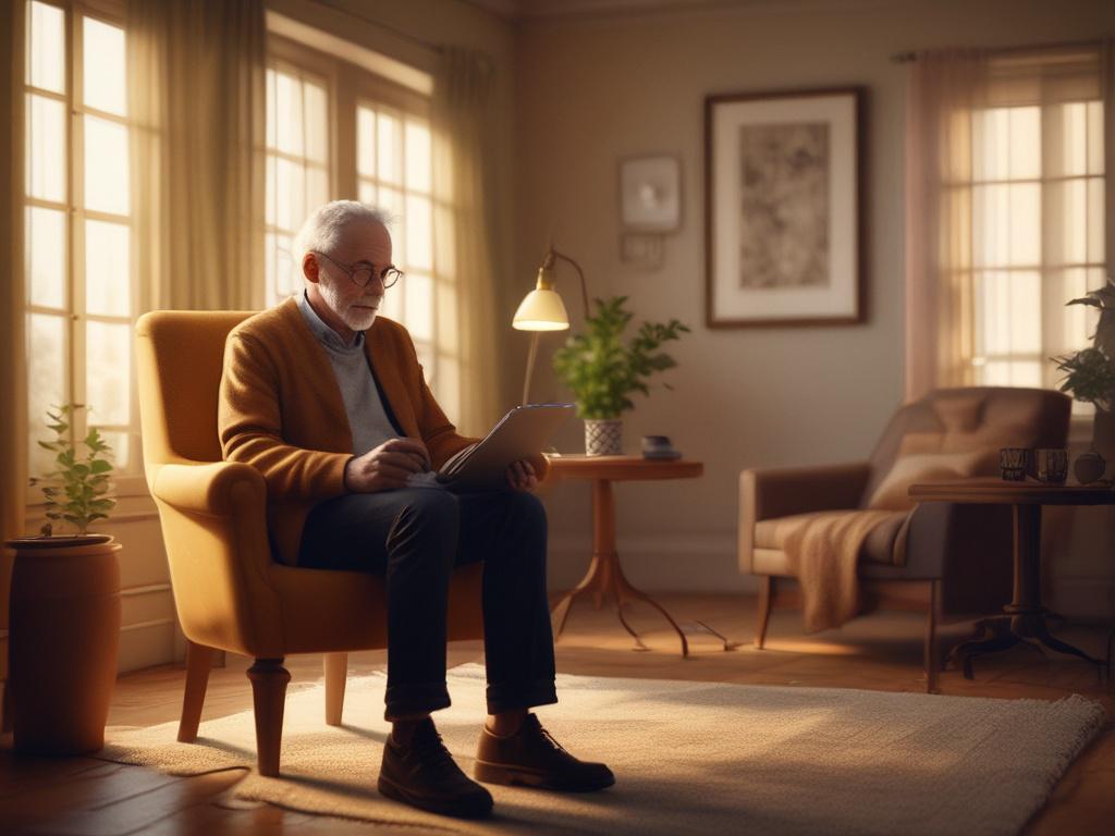 An older man sitting in a comfortable, inviting chair, looking