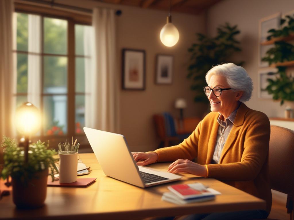 An older adult happily engaging in a video call, surrounded
