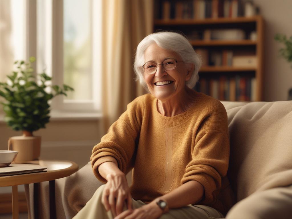 A cozy scene featuring an older adult sitting comfortably in