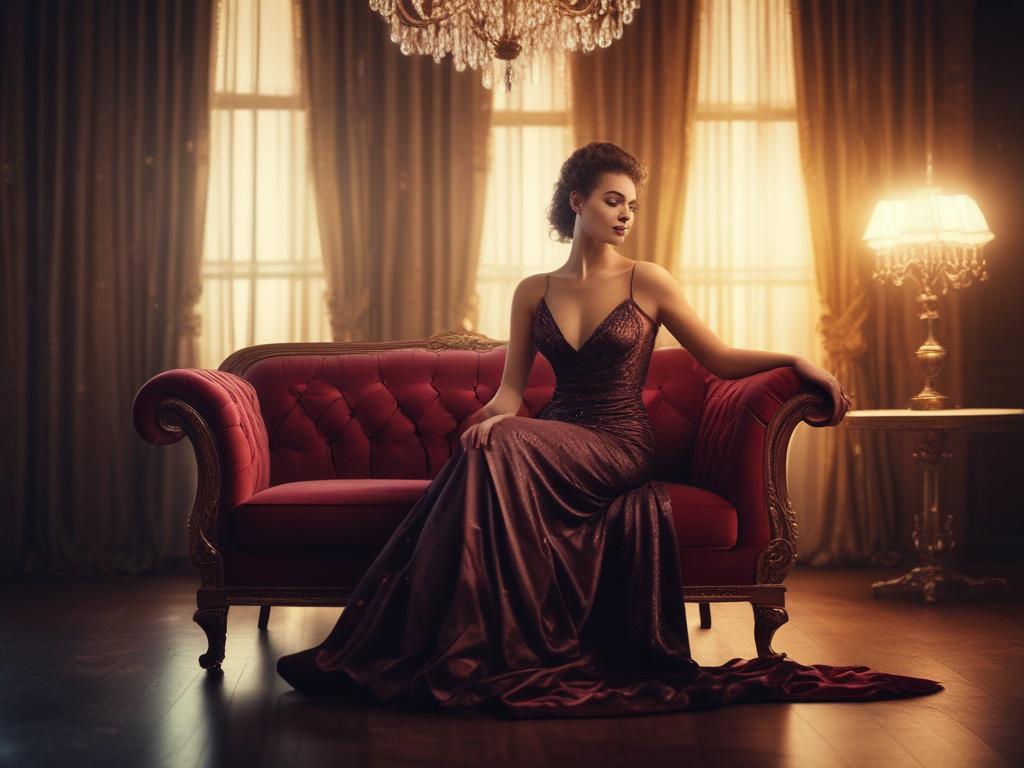 A glamorous and elegant young woman, dressed in a stylish