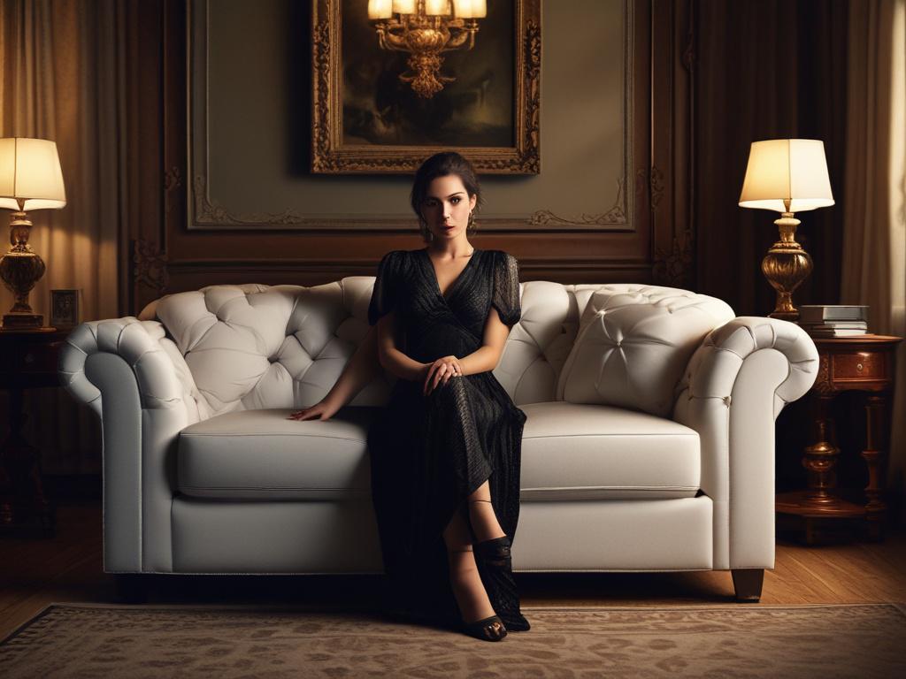 A beautiful female companion seated on a plush sofa in