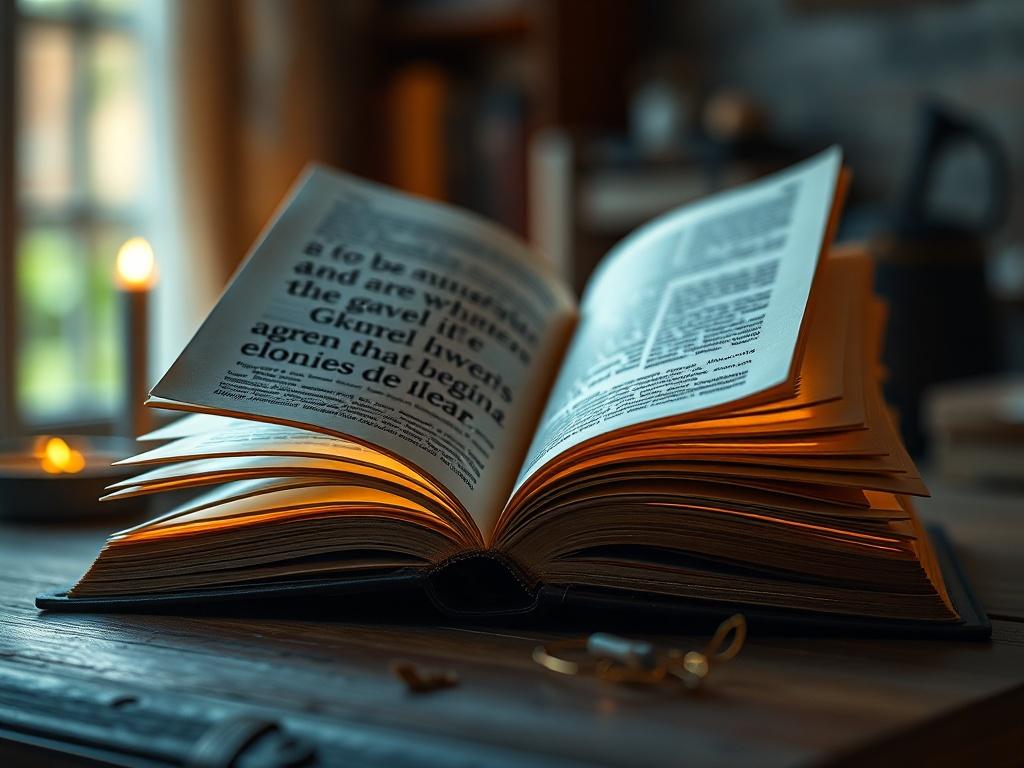 A hyper-realistic book cover featuring an open book with glowing pages, symbolizing storytelling. The background should be softly blurred to enhance focus on the book, with hints of a cozy reading nook. The lighting should be warm and inviting, highlighting the textures of the book's cover and the intricate details of the pages.