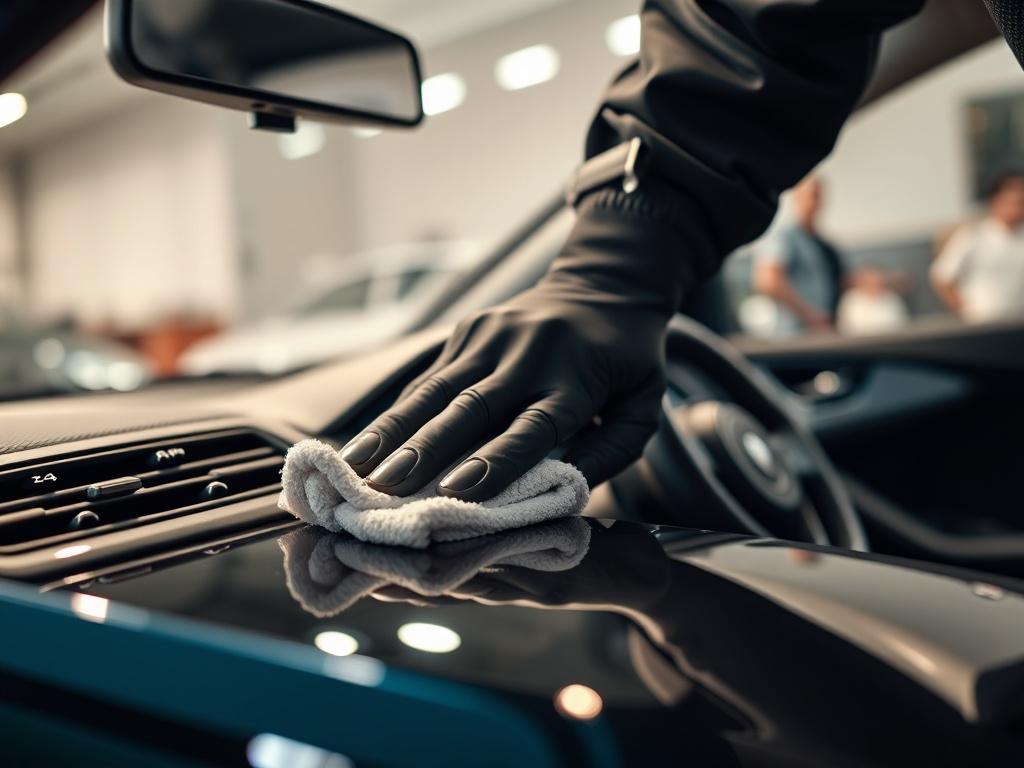 A hyper-realistic close-up shot of a professional car detailer meticulously cleaning the interior of a car. The focus is on the detailer's hands using a microfiber cloth on the dashboard, with gleaming surfaces reflecting light. The background is softly blurred, emphasizing the cleanliness and shine of the car's interior. The color scheme incorporates rgb(242, 181, 15) to create a warm and inviting atmosphere.
