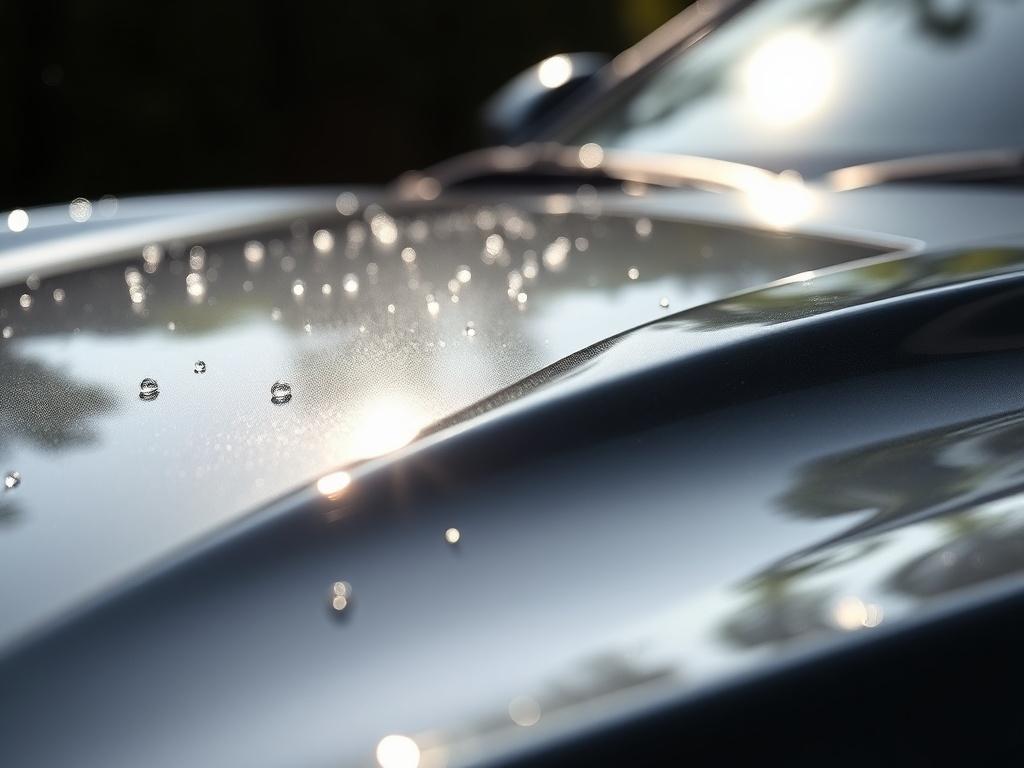 A close-up shot of a gleaming car hood reflecting sunlight, with droplets of water showcasing the high-quality detailing. The background features a blurred greenery to emphasize cleanliness and freshness. The image is shot with a 45mm f/1.2 lens for a hyper-realistic effect.