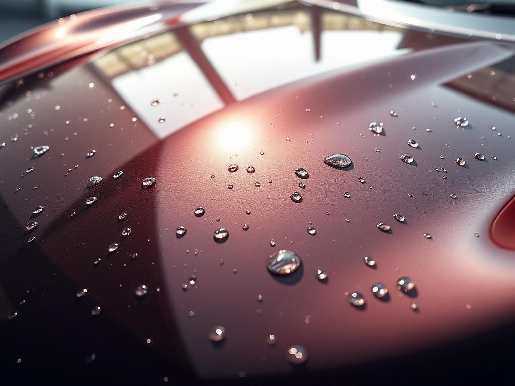 A close-up shot of a gleaming car hood with water droplets, showcasing a pristine finish. The background is softly blurred to emphasize the shine of the car. The lighting is bright and natural, highlighting the car's details. The image should evoke a sense of luxury and meticulous care, rendered in hyper-realistic style.