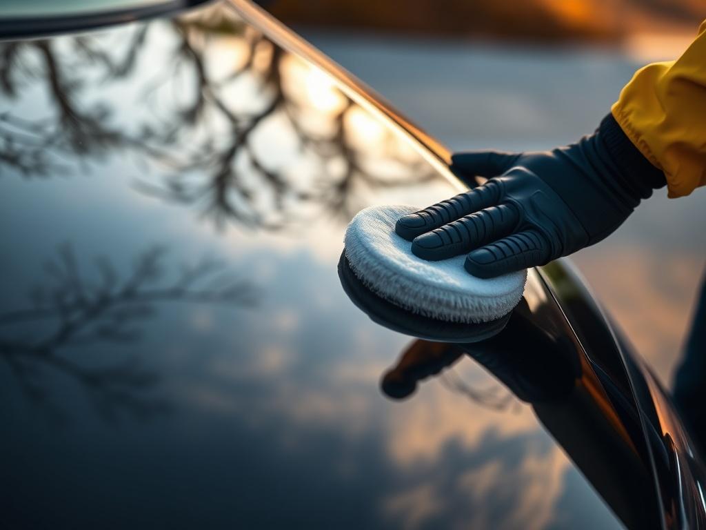 A hyper-realistic close-up shot of a car being detailed. Focus on a professional detailer polishing a shiny car hood, capturing the reflection of trees and sky. The background should be blurred to emphasize the detailer's focused work, shot with a 45mm f/1.2 lens style. Use warm lighting to enhance the car's glossy surface, ensuring the colors pop with a vibrant yellow hue (rgb(242, 181, 15)).