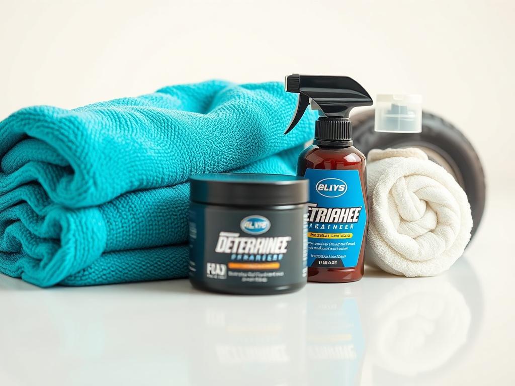 A close-up shot of a premium car detailing kit, featuring microfiber towels, wax, and tire shine, arranged neatly on a clean surface. The background is simple and soft, emphasizing the high-quality materials of the kit. The lighting is bright and natural, bringing out the colors and textures of the products.