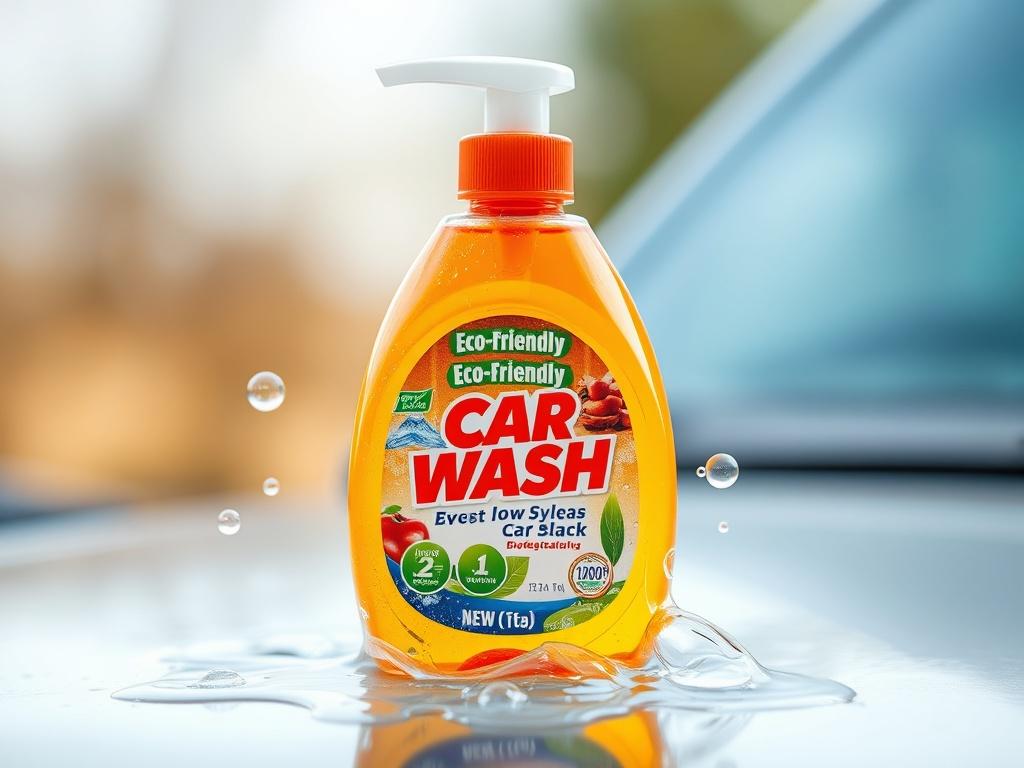 A close-up shot of an eco-friendly car wash soap bottle, featuring vibrant colors and a label showcasing its biodegradable nature. The bottle is placed on a clean surface with a few bubbles around it, suggesting its effectiveness. The background is soft and natural, reinforcing the eco-friendly theme.
