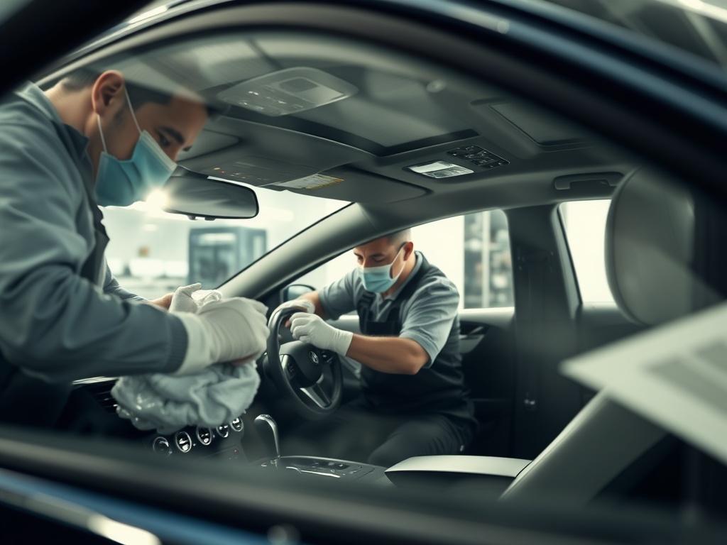 A captivating shot of a car undergoing full detailing, showcasing both the exterior and interior work in progress. The image captures the detailing team in action, with one member polishing the car's exterior while another cleans the interior. The setting is bright and inviting, emphasizing the transformation taking place, shot with a 45mm f/1.2 lens.