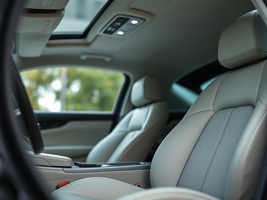 Close-up of a pristine car interior, focusing on a clean dashboard and seats with soft lighting that highlights the textures and materials. The image captures the meticulous details of the upholstery and surfaces, emphasizing a fresh and inviting atmosphere. The background is subtly blurred to draw attention to the interior’s cleanliness, shot with a 45mm f/1.2 lens.