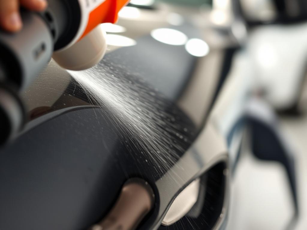 Close-up shot of a vehicle's surface being coated with a protective layer, highlighting the application process with fine details of the product and the vehicle's paint. The image should capture the glisten of the surface, showcasing reflections and shine, with a blurred background that emphasizes the focus on protection. Shot with a 45mm f/1.2 lens.