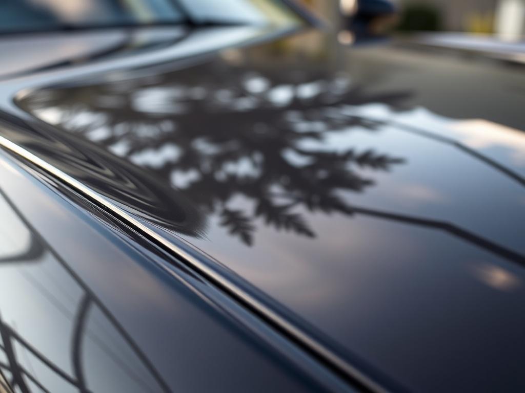 Close-up shot of a gleaming car exterior, showcasing a freshly polished surface with reflections of the surrounding landscape. The image captures the fine details of the paintwork, highlighting the shine and depth, with a blurred background that emphasizes the car's pristine condition. The lighting is bright yet soft, enhancing the vehicle's color and texture, shot with a 45mm f/1.2 lens.