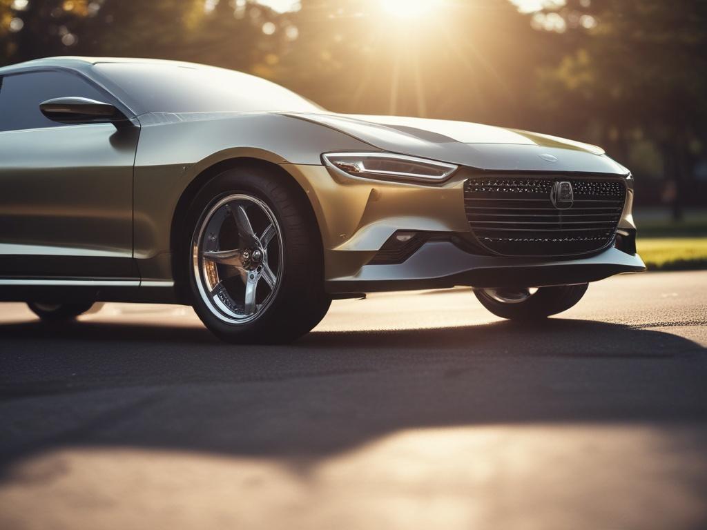 A close-up shot of a gleaming car hood reflecting sunlight, showcasing its flawless finish, with a blurred background of a driveway, captured with a 45mm f/1.2 lens.