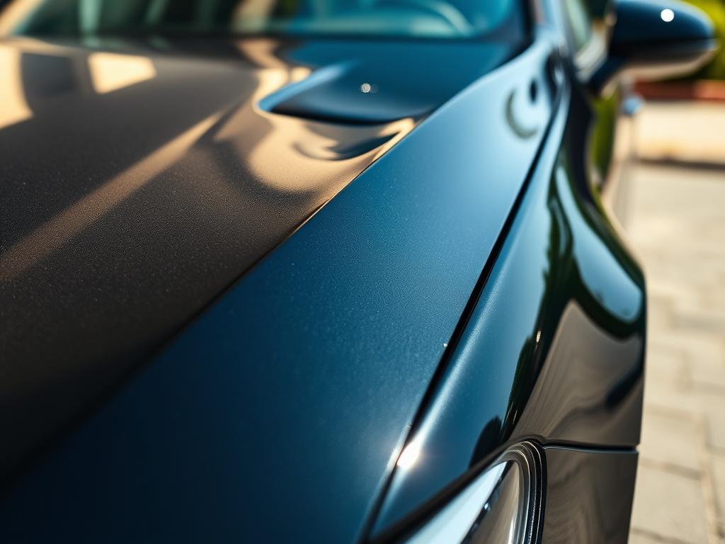 A close-up shot of a highly polished car hood reflecting sunlight, taken with a 45mm f/1.2 lens. The car is parked in a clean, outdoor setting with a hint of greenery in the background to emphasize its shine. The image should evoke a sense of luxury and attention to detail, showcasing the quality of the car detailing service.