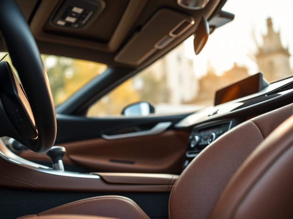 A close-up shot of a freshly detailed car interior, focusing on a pristine leather seat and polished dashboard. The image is taken with a 45mm f/1.2 lens to highlight the textures and colors. The background is softly blurred, emphasizing the cleanliness and shine of the interior surfaces, with warm light creating an inviting atmosphere.